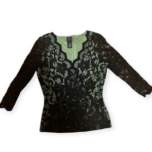 INC International Concepts Black Green Stretch Lace Long Sleeve Top!